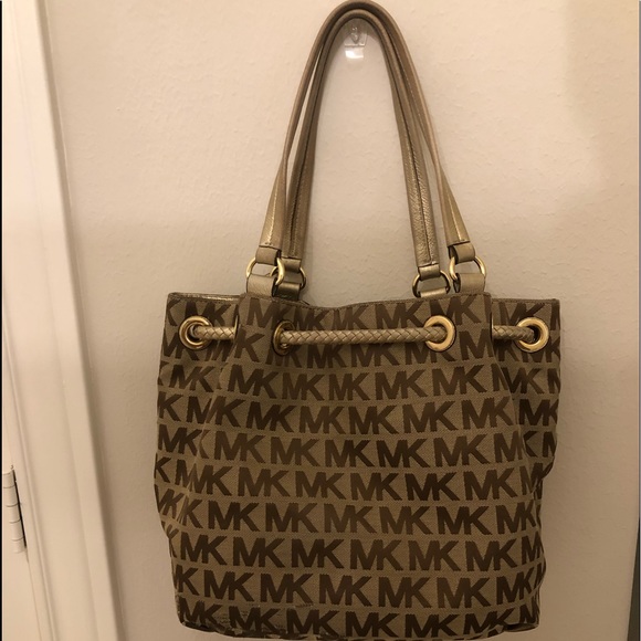 Michael Kors Marina Gathered Canvas Tote Bag With Tassels Gold - Picture 5 of 13